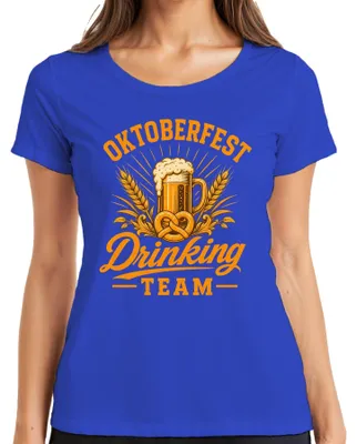 Productafbeelding van , drinkteam, bier, pretzel, Beieren, Wiesn, lederhosen, feest, dames T-shirt, blauw, maat L