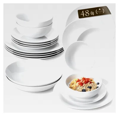 Produktbild von Geschirrset für 12 Personen, 48-teiliges modernes Porzellan Geschirr Set, Tafelservice mit 12 Speisetellern, Desserttellern, Suppentellern und Müslischalen, weiß