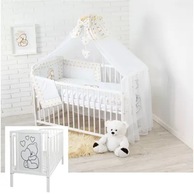 Produktbild von 12 Teiliges Kinderbett mit Matratze Bettzeug und Zubehör - Teddybär mit Herz Goldene Sternchen