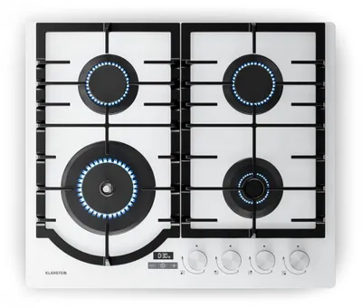 Obrázok produktu pre Klarstein Ignito plynová varná doska, 4 horáky, hliník, 8000 W, časovač a regulácia teploty, ochrana proti zlyhaniu plameňa, liatinový rošt pod hrniec, plynová varná doska na zemný plyn a LPG, 60x51 cm, biela