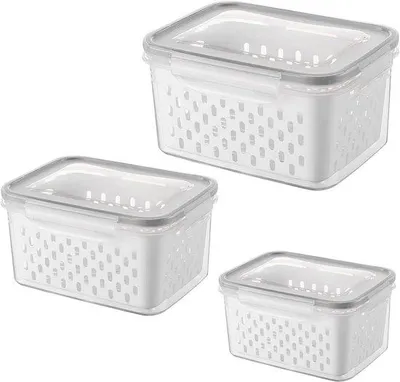 Produktbild von Unyqoos® Set – 3 luftdichte Aufbewahrungsboxen 850/1750/3300 ml, stapelbar mit Siebeinsatz für Küche & Kühlschrank