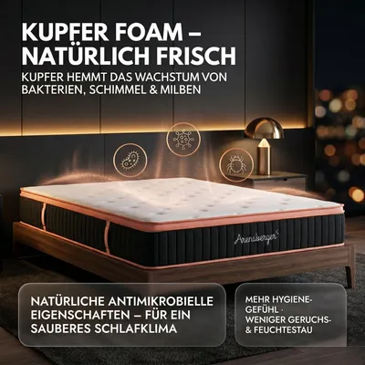 Immagine prodotto di Materasso Arensberger in rame con nucleo a molle e schiuma di rame + topper integrato | 90x200 cm altezza 25cm | livello di solidità H3/ H4 | materasso a molle insacchettate | materasso a rotoli | ergonomico