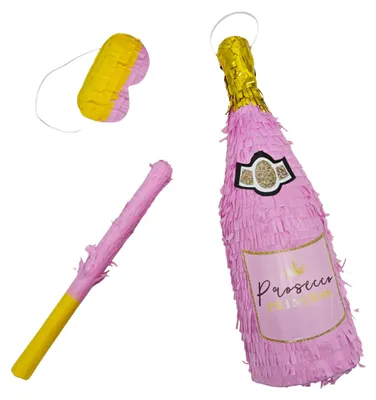 Piñata Champagnerflasche, rosa-gold, 51 cm, mit Stock und Augenbinde