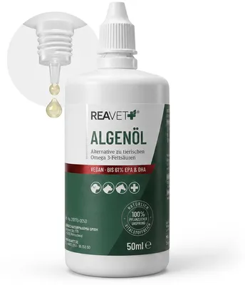 Produktbild von REAVET Algenöl für Hunde, Katzen, Pferde 50 ml I Hochdosiert & Vegan Omega-3 Öl I Futteröl aus Algen unterstützt Gelenke, Stoffwechsel, Fell & Haut