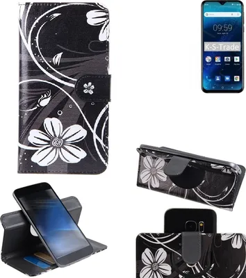 Produktbild von K-S-Trade Schutzhülle Handyhülle kompatibel mit Blackview A60 Hülle 360° Wallet Case ''Flowers'' Klapphülle Hülle schwarz-weiß 1x