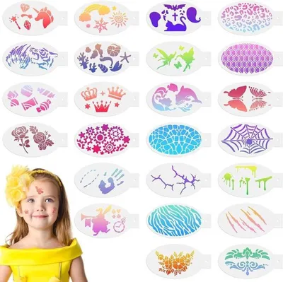 Kindertattoo Schablonen Set - 24 wiederverwendbare Gesichtstattoos für Feste, Halloween und Kostümpartys - Kreative