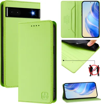 Image de Étui en cuir pour Google Pixel 6A, étui à rabat avec fentes pour cartes, portefeuille et support Vert