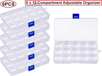 Obrázok produktu pre Úložné boxy 6-dielne, Plastové, Priehľadné, 15 priehradiek, pre Šperky a Malé Diely