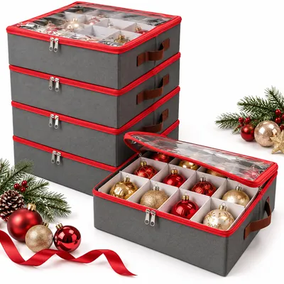 Productafbeelding van Relaxdays kerstbal opbergbox, set van 4, elk met 16 ballen, afmetingen (hoogte x breedte x diepte): 9 x 33 x 33 cm, polyester, karton, grijs/rood, AI-gegenereerde afbeelding