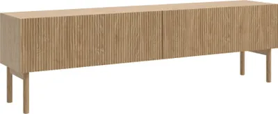 A wooden TV lowboard with two doors and four legs, presented against a white background.