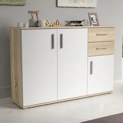 Produktbild von Forte IKOLI Kommode 120, moderne Kommode, 3-türig, 2 Schubladen, Wohn-/Schlafzimmer, Flur, Holzwerkstoff, Weiß mit Sonoma Eiche Holzdekor, 119,6 cm breit x 81,7 cm hoch x 31,4 cm tief