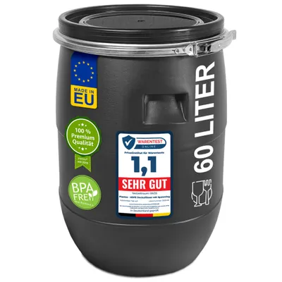 Produktbild von plasteo® 60 Liter Weithalsfass schwarz mit Deckel und Spannring Futtertonne Kunststofffass Universalfass Deckelfass Maischefass Sauerkrautfass