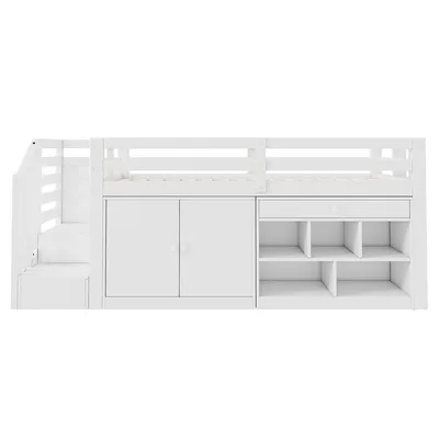 Produktbild von Kinderbett mit Treppe und Stauraum und Schubladen umdrehbar Einzelbett Massivholz ohne Matratze 90*200cm Weiß