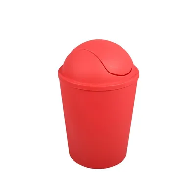 A red trash can with a swing lid.