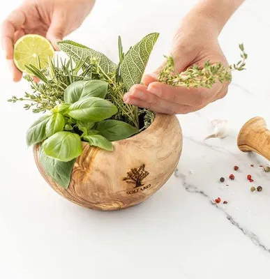 Zdjęcie produktu dla Zestaw moździerzy drewnianych – moździerz – moździerz drewniany – ekologiczne moździerze do ziół, średnica ok. 14 cm