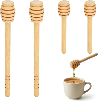 Produktbild von 4 Honiglöffel aus Holz mit Rillen, Rührstäbchen und Honigspendern aus Naturholz, 2 Größen für Honig und Sirup (8 cm, 15 cm)