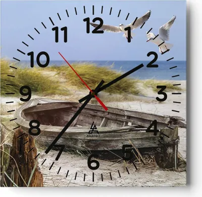 Produktbild von Wanduhr - Quadrat - Glasuhr - Strand Möwen Łódź - 40x40cm - Schleichendes Uhrwerk - Lautlos - zum Aufhängen bereit - Dekoration Modern - Wanddekoration aus Glas - C4AC40x40-4170
