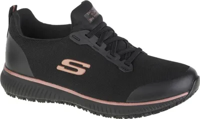 A single black Skechers shoe with rose gold accents is shown against a white background.
