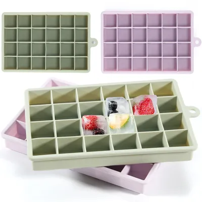 Produktbild von 2 Stück 24 Fach Silikon Eiswürfelschale mit Deckel Lila+Grün, wiederverwendbare