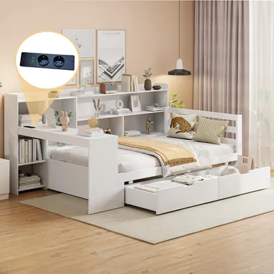 Productafbeelding van Slaapbank 90x200 cm met bureau, boekenkast, planken, opbergvakken, 2 lades en een stopcontact, eenpersoonsbed, massief hout, multifunctioneel bed, wit