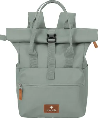 A front view of a green backpack.