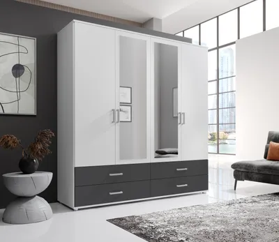 Produktbild von Kleiderschrank "Ivar" in Weiß Abs. Graphit mit 4 Schubladen und 4 Türen. Abmessungen (BxHxT) 180x190x51 cm
