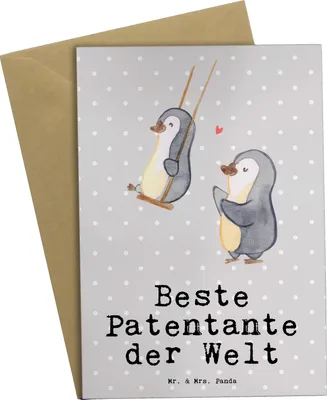 Produktbild von Mr. & Mrs. Panda Grußkarte Pinguin Beste Patentante der Welt - Grau Pastell - Geschenk, hochzeitskarten, Dankeschön, Familie, Nichte, Geschenkidee, genesungskarte