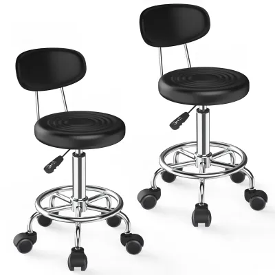 Image de Lot de 2 tabourets pivotants avec dossier Tabouret à roulettes réglable en hauteur Tabouret de coiffeur Tabouret à roulettes Tabouret de travail Tabouret pivotant Tabouret de cabinet Noir