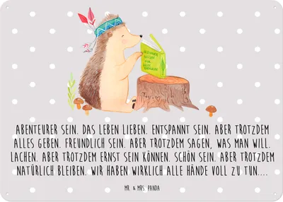 Produktbild von Mr. & Mrs. Panda tafel Igel Federschmuck DIN A5 - Grau Pastell - Geschenk, Indianer, Schild, Waldtiere, Camping, Wandbild, Abenteuer, Türschild, Retro Blechschild