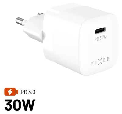 Obrázek produktu pro Síťová GaN nabíječka FIXED Mini s USB-C výstupem a podporou PD, 30W, bílá
