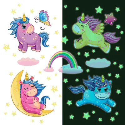 Produktbild von Leuchtsticker – EINHÖRNER IM STERNENHIMMEL – Fluoreszierender Wand-/Deckensticker für Kinder – 190 x 120 cm