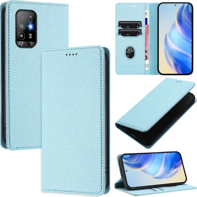 Produktbild von Litchi Leder Handyhülle für Oppo A94 5G/Reno5 Z Wallet Kartenfächer Standfunktion Hülle Hellblau