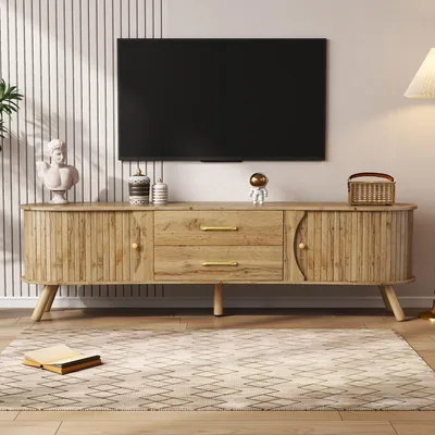 Produktbild von Merax TV Lowboard erbsenförmig mit Rillenoptik, TV-Schrank mit 2 Schiebetüren und 2 Schubladen, TV Board aus MDF Holzoptik, Skandi Stil, Braun