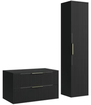 Produktbild von Badplaats Waschbeckenunterschrank Rimini 80 x 46 cm Schwarz Matt - Hängender Badezimmerschrank mit 2 Schubladen und Hochschrank