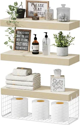 Imagen del producto de Juego de estantes de madera para baño, de 40,6 cm, con 3 unidades, para montaje en pared