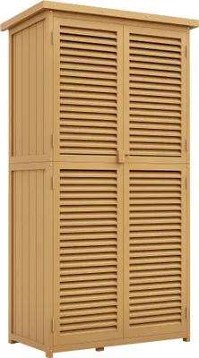 Produktbild von Outsunny Gartenschrank Holz Geräteschuppen 4 Fächer mit Asphaltdach Hellgelb