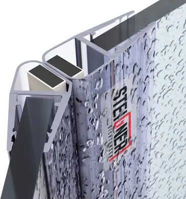 Close-up of a shower door seal with water droplets on it.