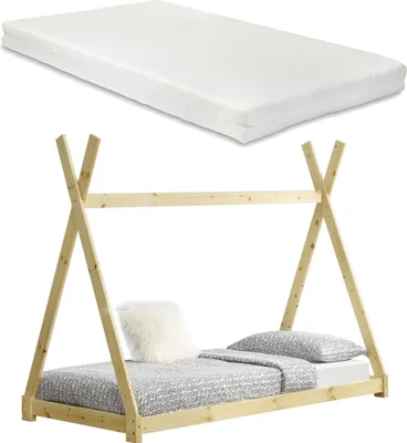 Produktbild von [en.casa] Kinderbett mit Matratze 90x200cm Holzfarben Tipi-Design Kiefernholz Bett Holzbett Hausbett Kaltschaummatratze  Standard 100 Allergikergeeignet Atmungsaktiv