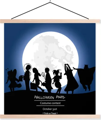 Produktbild von MuchoWow® Textilposter Eine Gruppe von Gruselgestalten in einer Halloween-Illustration 40x40 cm mit holzfarbenen Rahmen - Posterleiste