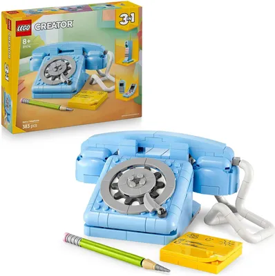A LEGO Creator 3-in-1 Retro Telephone set, shown both in its packaging and as a built model.