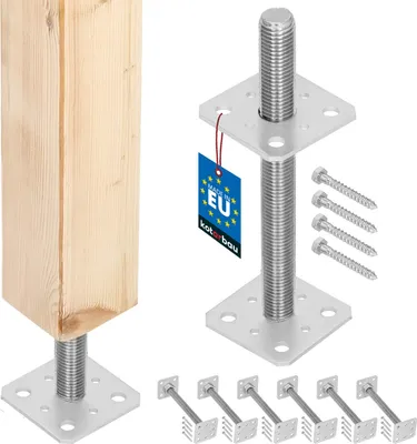 A wooden post is shown attached to a metal adjustable post base, with several other post bases and screws displayed.
