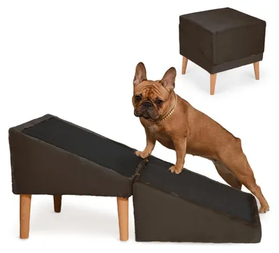 Produktbild von VELORA H&L Hunderampe Dunkelbraun - 2in1 Hundetreppe & Sitzhocker, Einstiegshilfe für Sofa/Bett, Holz & Velours, rutschfest, für Hund & Katze