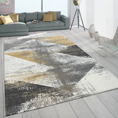 Produktbild von Teppich Wohnzimmer Kurzflor Vintage Design Abstraktes Muster Pastell Gelb Grau Grösse 80x150 cm