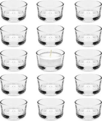 Immagine prodotto di Set di 15 portacandele in vetro trasparente Unyqoos®, diametro 4,5 cm x altezza 2,5 cm, ideali per piccole candele votive e candele, perfetti per matrimoni, compleanni
