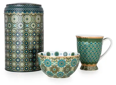 Geschenkset Schale & Tasse, Porzellan, grün-gold, Ø 12 cm, 250 ml