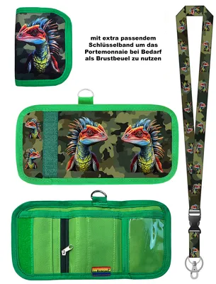 Produktbild von Kinder Geldbörse Geldbeutel Portemonnaie Brustbeutel Textil Canvas Dino farbig mit Schlüsselband