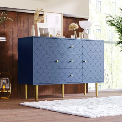 Zdjęcie produktu dla Komoda 120 x 40 x 83 cm z 2 drzwiami i 3 szufladami, z regulowaną półką, do salonu lub sypialni, kolor granatowy