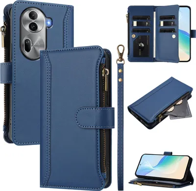 Obrázek produktu pro Pouzdro pro Oppo Reno11 Pro, zipem, peněženkovéPolyuretankožené flip pouzdro s kapsami na karty, stojánkem a poutkem na ruku modrý