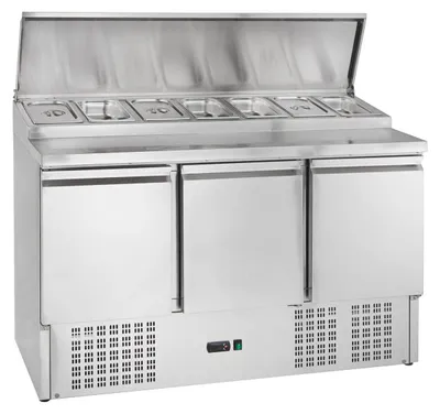 Produktbild von GastroHero Belegstation ECO 1365 Kühltisch 3 Türen 1365x700 mm für 7x GN 1/3 Belegkühlung 392L Edelstahl Saladette +2 bis +8 °C statische Kühlung R290