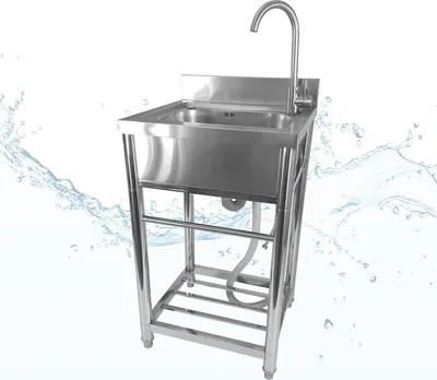 A stainless steel sink with a faucet on a white background with water splash graphics.